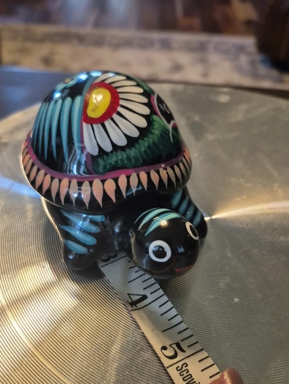 Minature Colorful Turtle Trinket Box.TalaVera From Mexico Flowers And Bird Motif